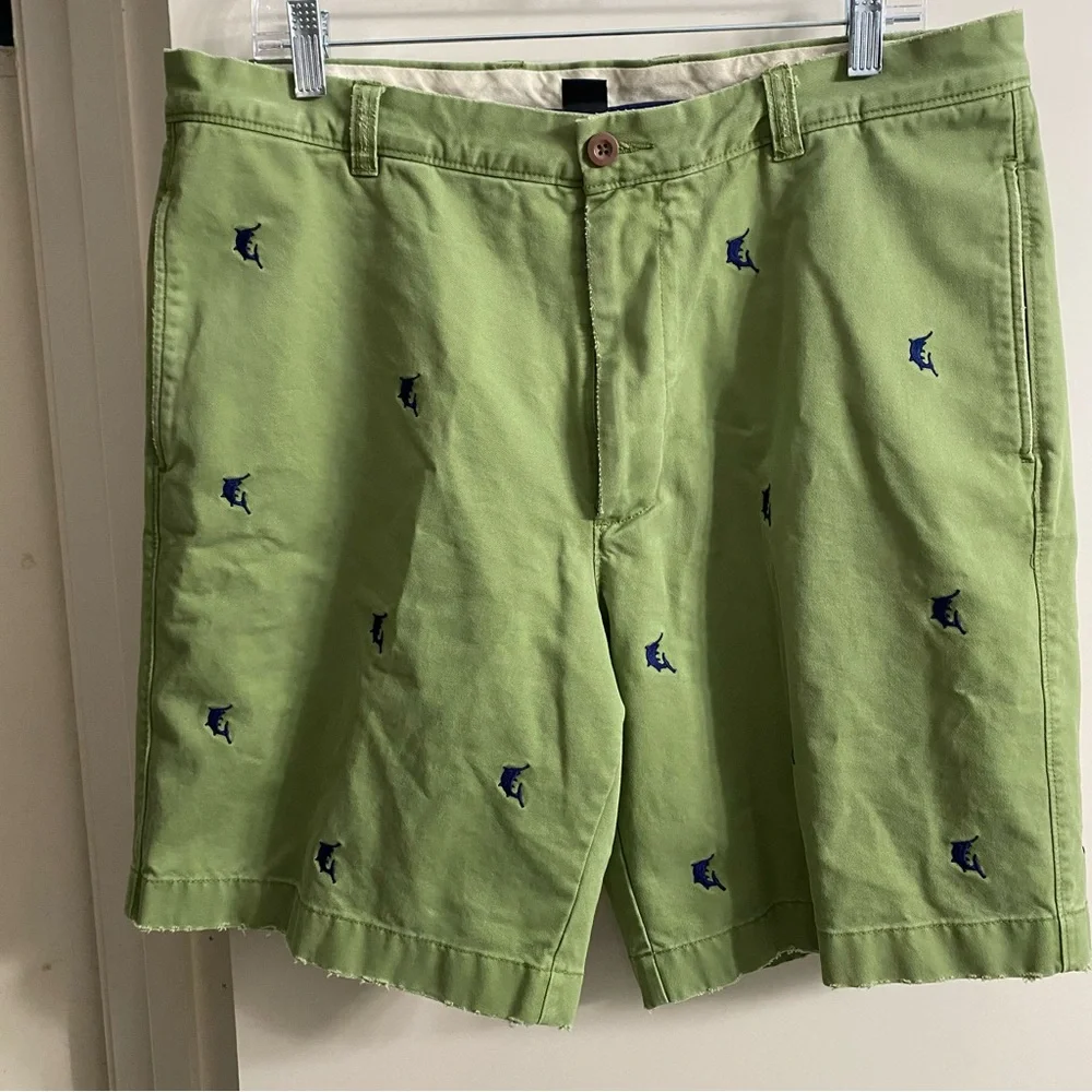 J. Crew VTG “Critter” “Destroyed”Shorts Marlin Embroidery Distressed Green Sz 36